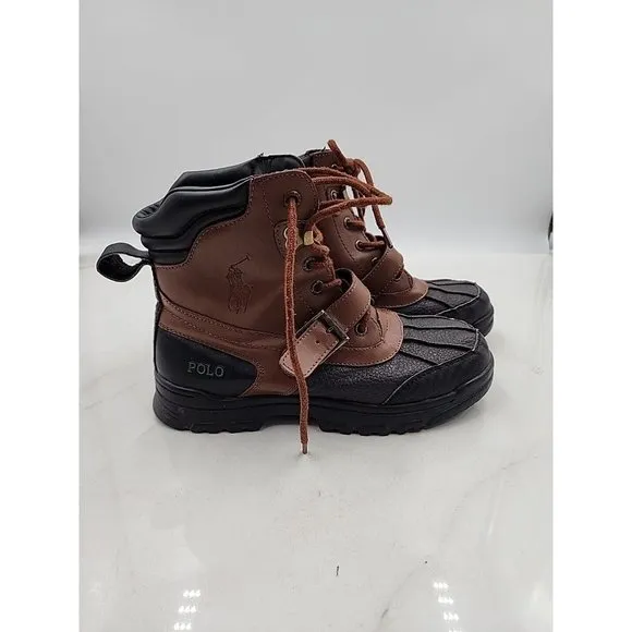 Polo Ralph Lauren Boys Colby Leather Duck Boots Youth Size 5 Lace Up Buckle Logo