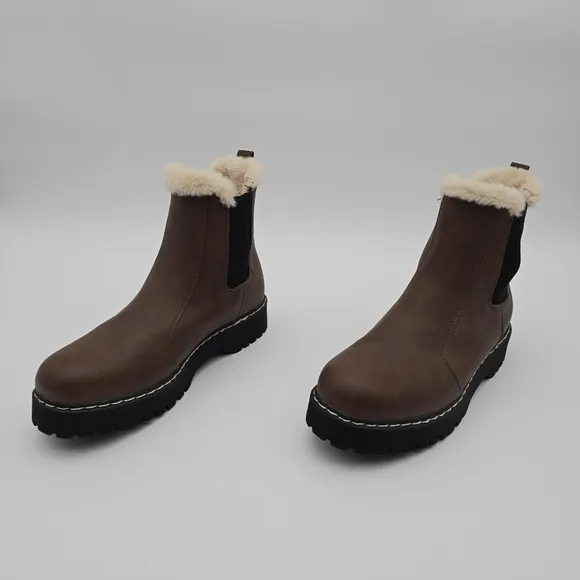 Portland Boots Womens 9.5 Brown Faux Fur Leather Chelsea Helena Lug Slip On