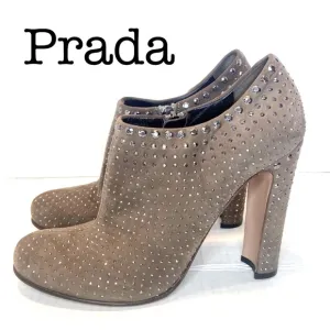 Prada Taupe Suede Studded Ankle Boots Size 37 1/2