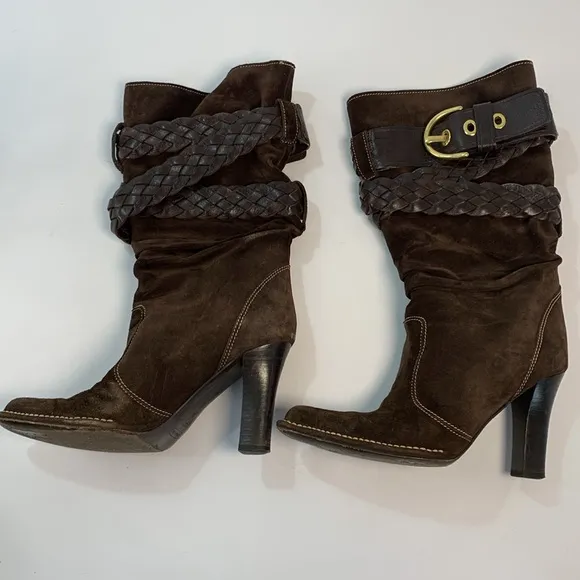 Preowned COACH Randie Suede mid calf slouchy braided buckle Boots brown