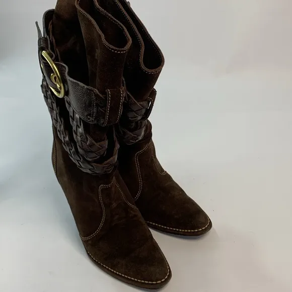 Preowned COACH Randie Suede mid calf slouchy braided buckle Boots brown