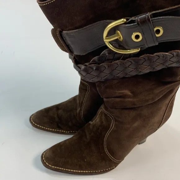 Preowned COACH Randie Suede mid calf slouchy braided buckle Boots brown