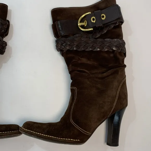 Preowned COACH Randie Suede mid calf slouchy braided buckle Boots brown
