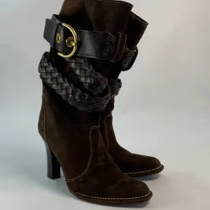 Preowned COACH Randie Suede mid calf slouchy braided buckle Boots brown