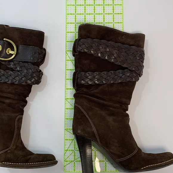 Preowned COACH Randie Suede mid calf slouchy braided buckle Boots brown