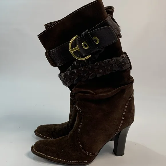 Preowned COACH Randie Suede mid calf slouchy braided buckle Boots brown