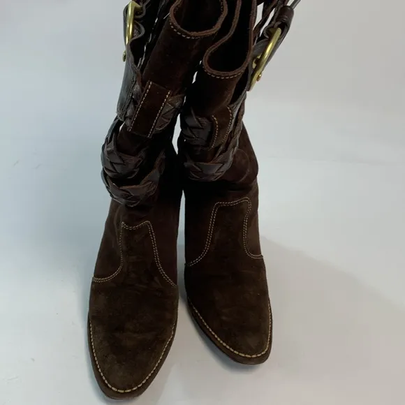 Preowned COACH Randie Suede mid calf slouchy braided buckle Boots brown