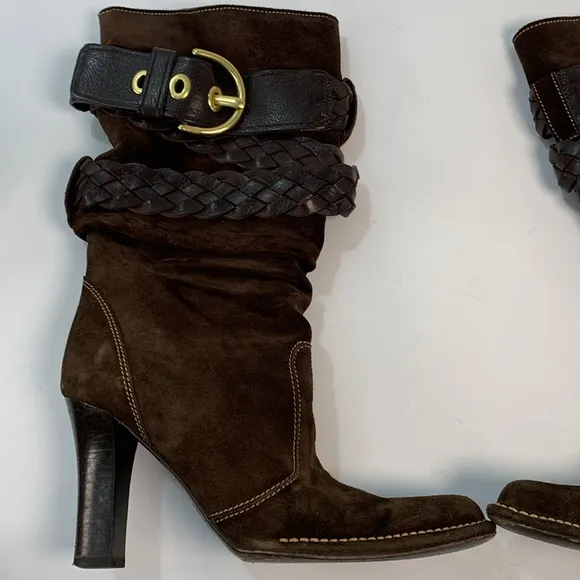 Preowned COACH Randie Suede mid calf slouchy braided buckle Boots brown