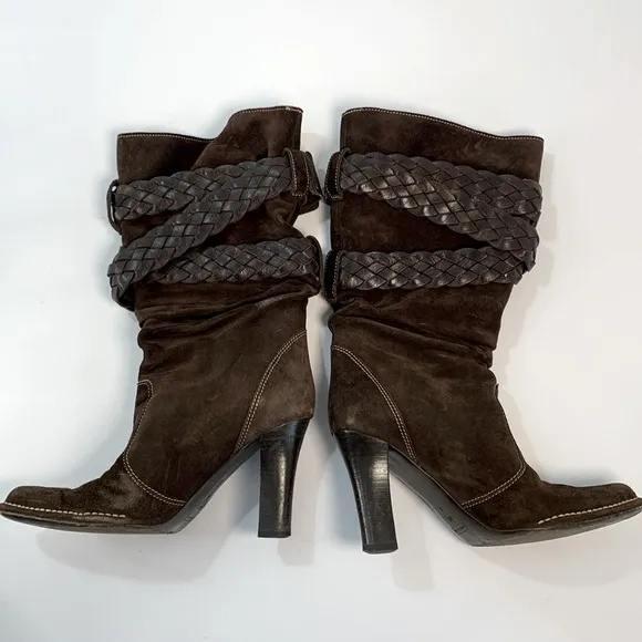 Preowned COACH Randie Suede mid calf slouchy braided buckle Boots brown