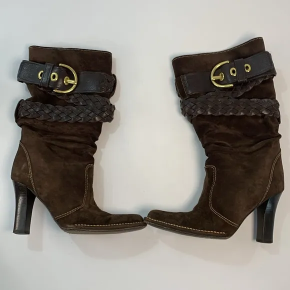 Preowned COACH Randie Suede mid calf slouchy braided buckle Boots brown