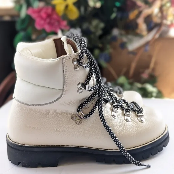 Proenza Schouler White Leather Black Lug Vibram Sole Ankle Combat Hiking Boots
