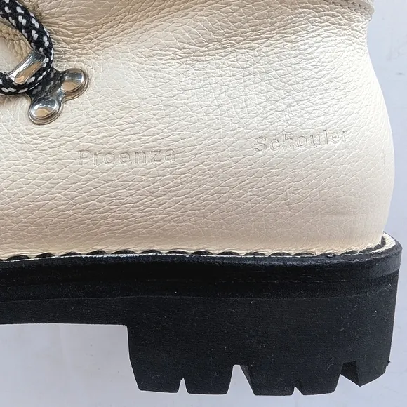 Proenza Schouler White Leather Black Lug Vibram Sole Ankle Combat Hiking Boots