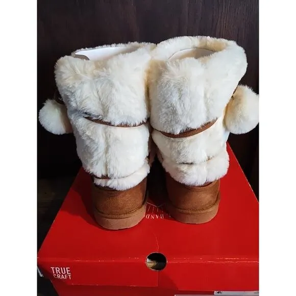 Pull On Snow Boots Chestnut Brown Size 5 Youth Girls Fur trim Vegan Pom Poms