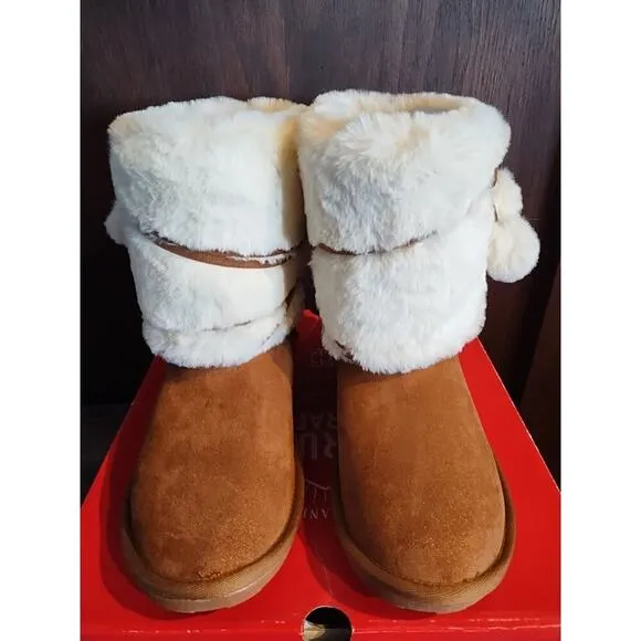 Pull On Snow Boots Chestnut Brown Size 5 Youth Girls Fur trim Vegan Pom Poms