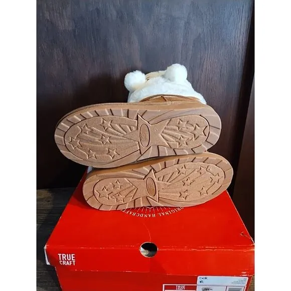 Pull On Snow Boots Chestnut Brown Size 5 Youth Girls Fur trim Vegan Pom Poms