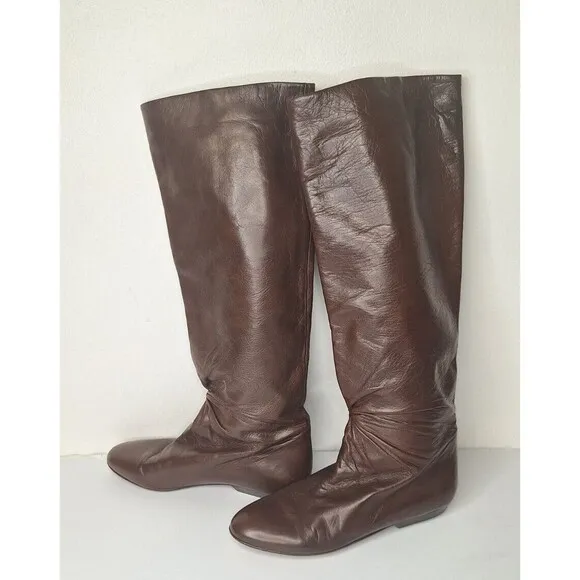 PUPI D'ANGIERI Women's Knee High Leather Boots Sz 8 Brown Pirate Boots Pull On