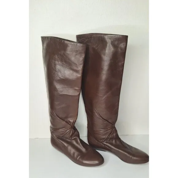 PUPI D'ANGIERI Women's Knee High Leather Boots Sz 8 Brown Pirate Boots Pull On