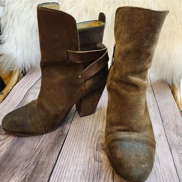 Rag &amp; Bone Kinsey brown waxed suede Stacked heel ankle boots