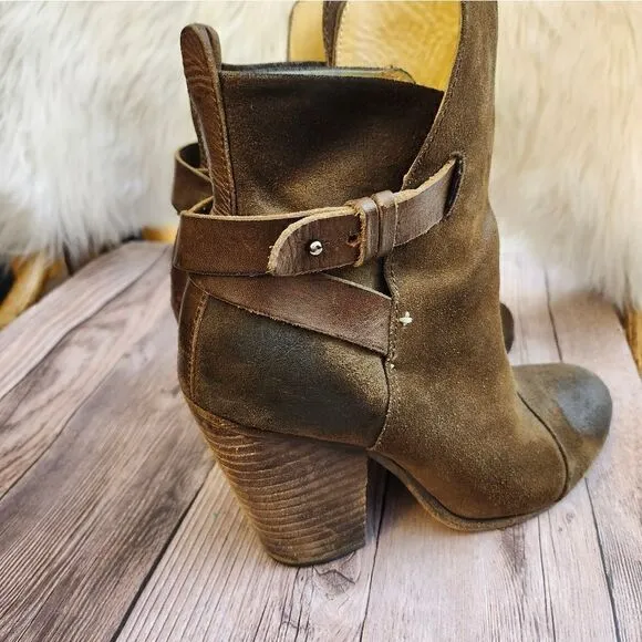 Rag &amp; Bone Kinsey brown waxed suede Stacked heel ankle boots