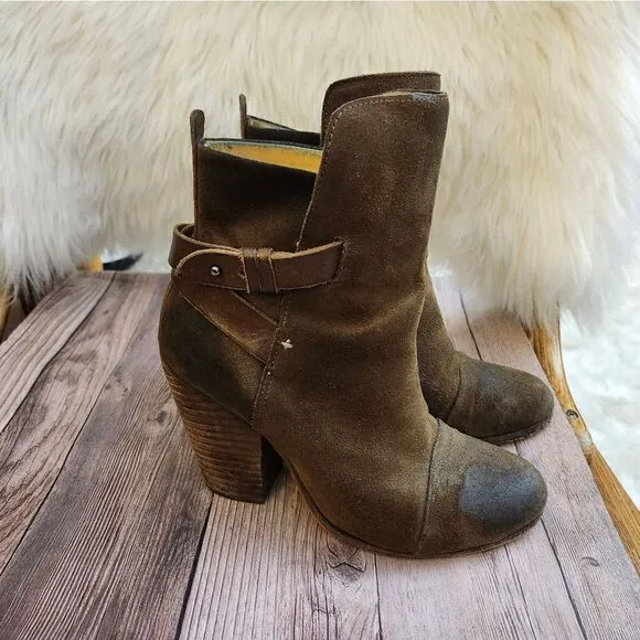 Rag &amp; Bone Kinsey brown waxed suede Stacked heel ankle boots