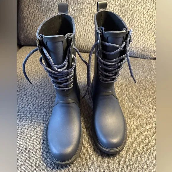 Rag &amp; Bone Navy Ansel Rubber Lace Up Mid Calf Rain Boots Size US 5