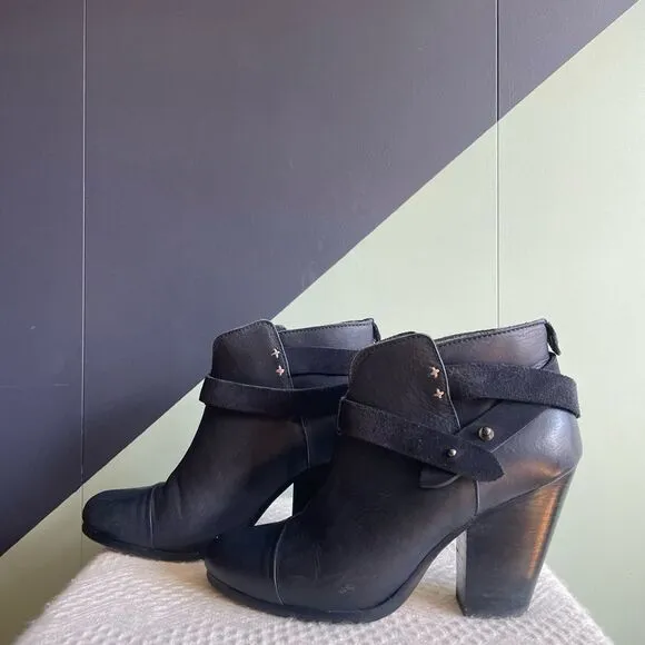 Rag &amp; bone navy leather harrow stacked heel ankle boots 37.5