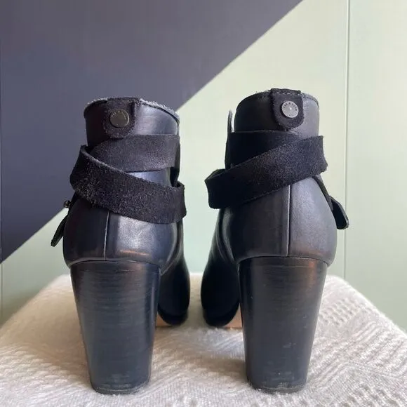 Rag &amp; bone navy leather harrow stacked heel ankle boots 37.5