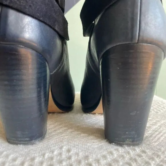 Rag &amp; bone navy leather harrow stacked heel ankle boots 37.5