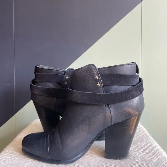 Rag &amp; bone navy leather harrow stacked heel ankle boots 37.5