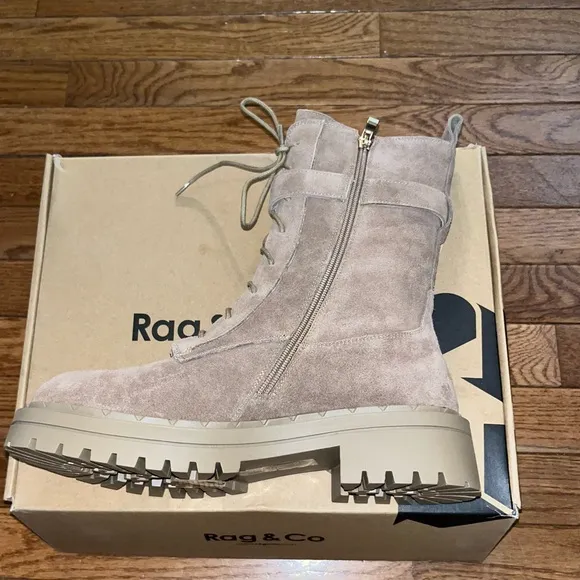 Rag &amp; Co Tan Suede Kasper Combat Boots Lace Up Style Zipper Women’s Size 8