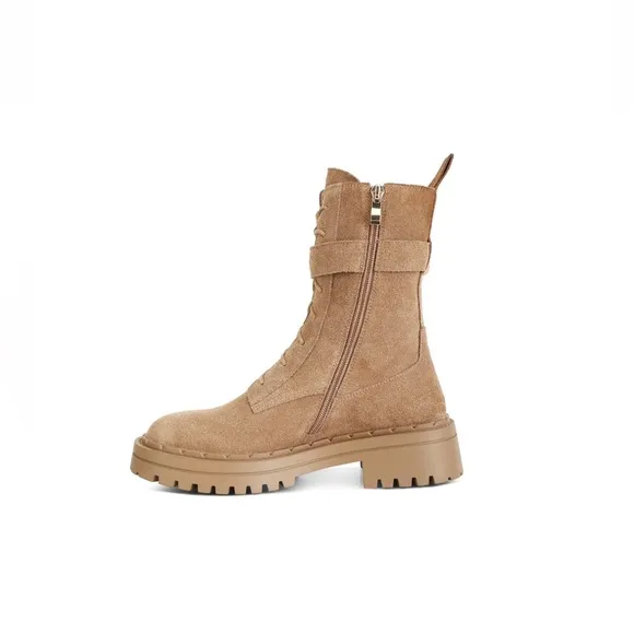 Rag &amp; Co Tan Suede Kasper Combat Boots Lace Up Style Zipper Women’s Size 8