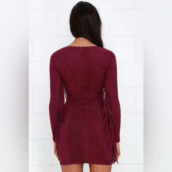 RARE Lulus Still Wild Burgundy Suede Fringe Long Sleeve Mini Dress Small Western