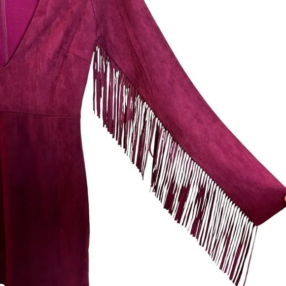 RARE Lulus Still Wild Burgundy Suede Fringe Long Sleeve Mini Dress Small Western