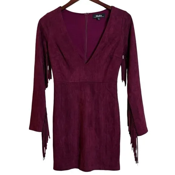 RARE Lulus Still Wild Burgundy Suede Fringe Long Sleeve Mini Dress Small Western