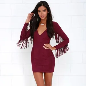 RARE Lulus Still Wild Burgundy Suede Fringe Long Sleeve Mini Dress Small Western