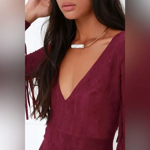 RARE Lulus Still Wild Burgundy Suede Fringe Long Sleeve Mini Dress Small Western