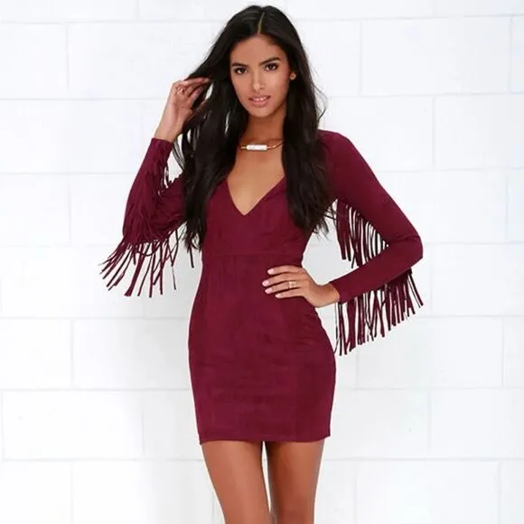 RARE Lulus Still Wild Burgundy Suede Fringe Long Sleeve Mini Dress Small Western