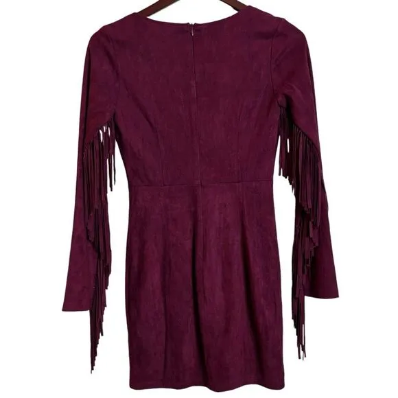 RARE Lulus Still Wild Burgundy Suede Fringe Long Sleeve Mini Dress Small Western