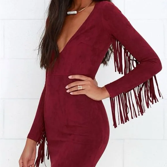 RARE Lulus Still Wild Burgundy Suede Fringe Long Sleeve Mini Dress Small Western