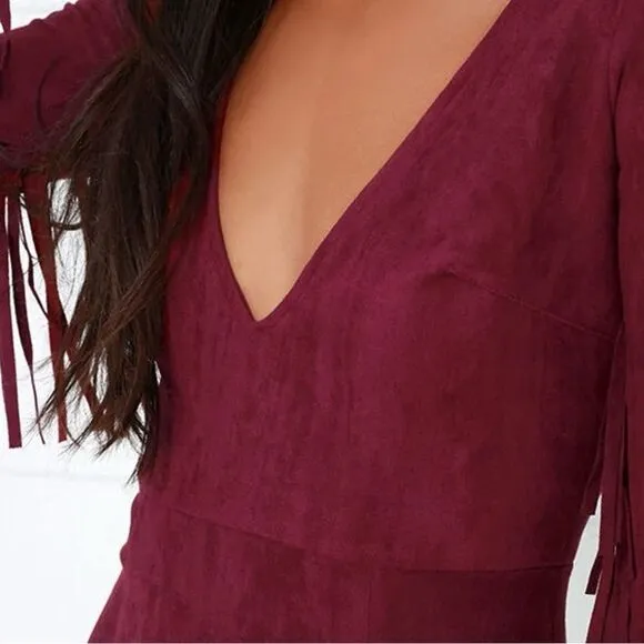 RARE Lulus Still Wild Burgundy Suede Fringe Long Sleeve Mini Dress Small Western