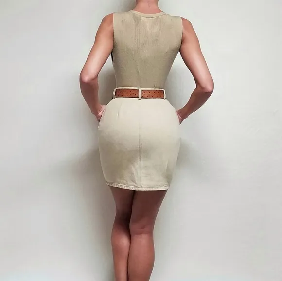 Rare Vintage 70s Ralph Lauren Country Beige Cotton Hourglass Denim Mini Skirt 6
