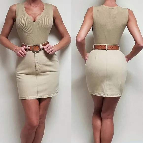 Rare Vintage 70s Ralph Lauren Country Beige Cotton Hourglass Denim Mini Skirt 6