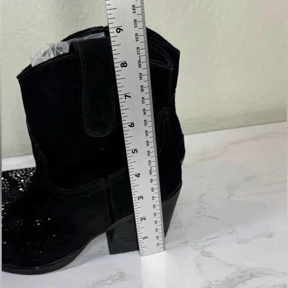 Reba Black Rhinestone Leather Western Ankle Boots Size 8.5M