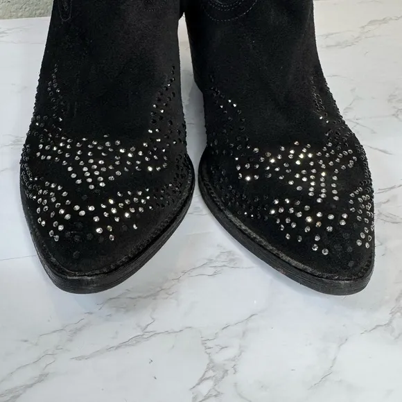 Reba Black Rhinestone Leather Western Ankle Boots Size 8.5M