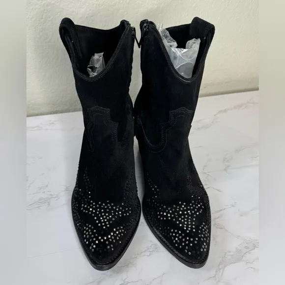 Reba Black Rhinestone Leather Western Ankle Boots Size 8.5M