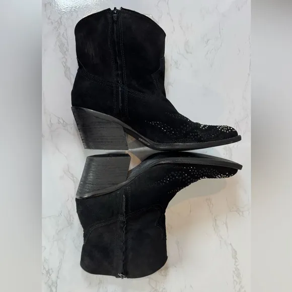 Reba Black Rhinestone Leather Western Ankle Boots Size 8.5M