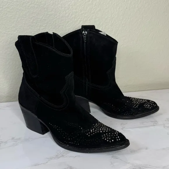 Reba Black Rhinestone Leather Western Ankle Boots Size 8.5M