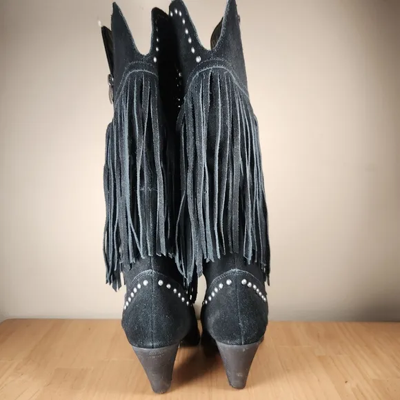 REBA Women's Cadi Boots Size 6.5 Black Suede Western Fringe Rhinestones Cowboy