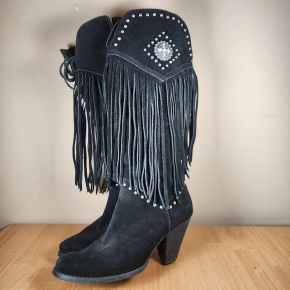REBA Women's Cadi Boots Size 6.5 Black Suede Western Fringe Rhinestones Cowboy