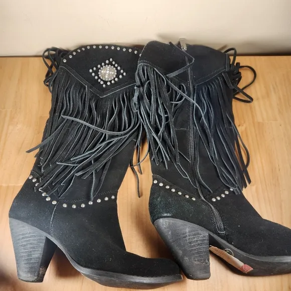 REBA Women's Cadi Boots Size 6.5 Black Suede Western Fringe Rhinestones Cowboy